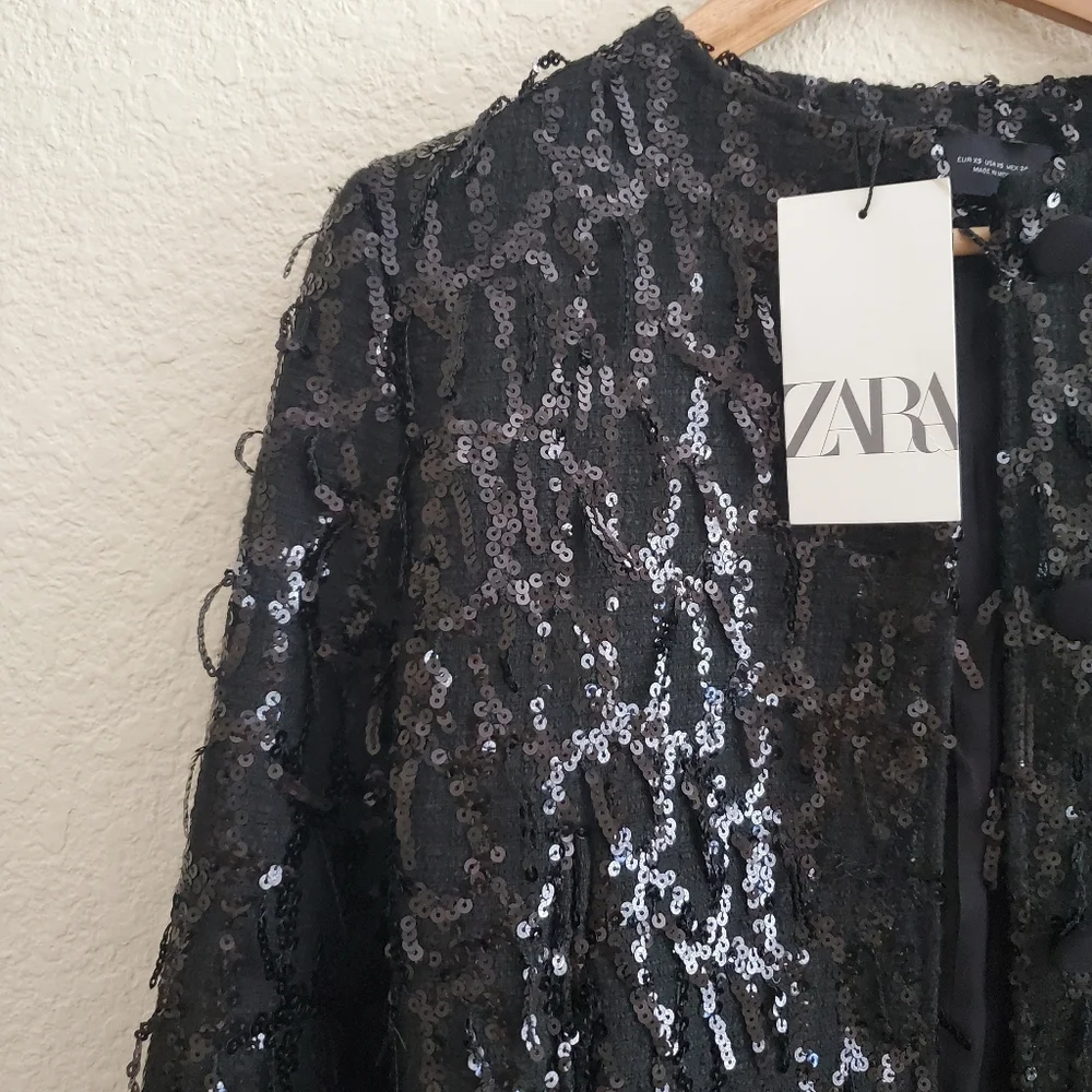 Zara fringe sequin blazer jacket Black Size XS